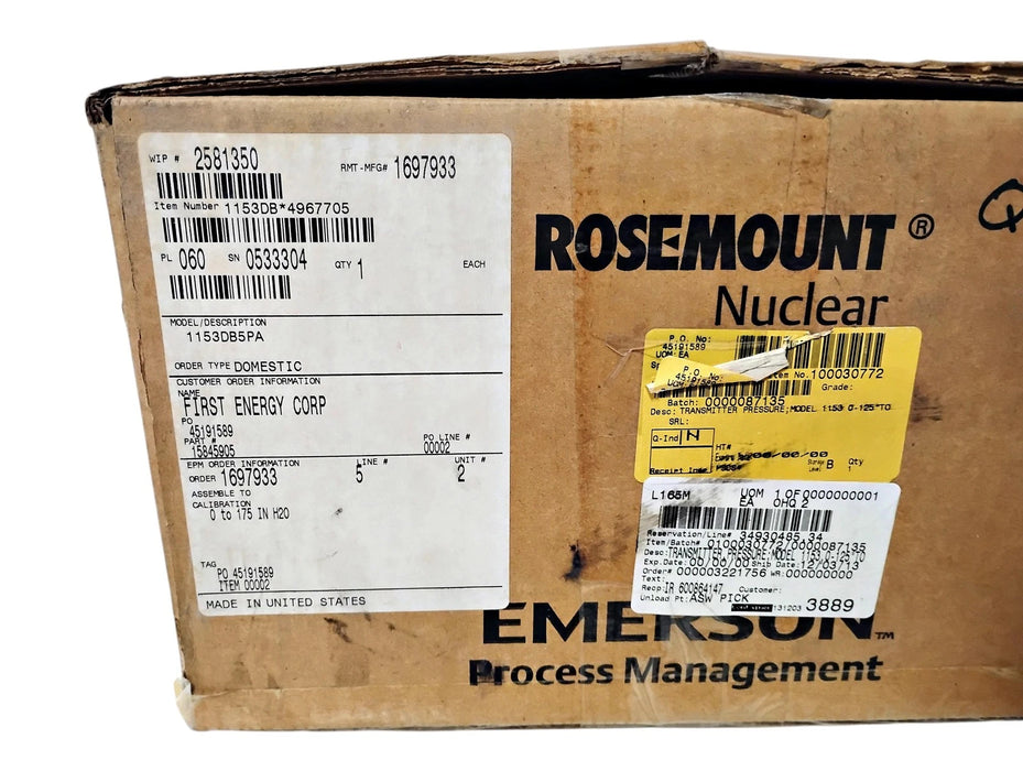 Emerson Rosemount 1153DB5PA 0-175 IN H2O 2000 PSIG Nuclear Pressure Transmitter