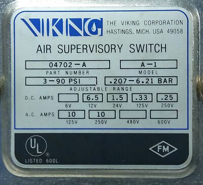 Viking 04702-A A-1 3-90 psi 12-250 V AC/DC 250 mA-10 A Pressure Switch