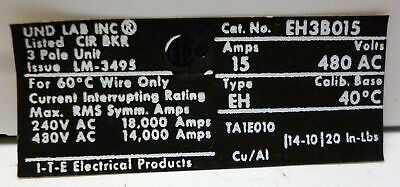 Siemens EH3B015 480VAC 15A Molded Case Circuit Breaker