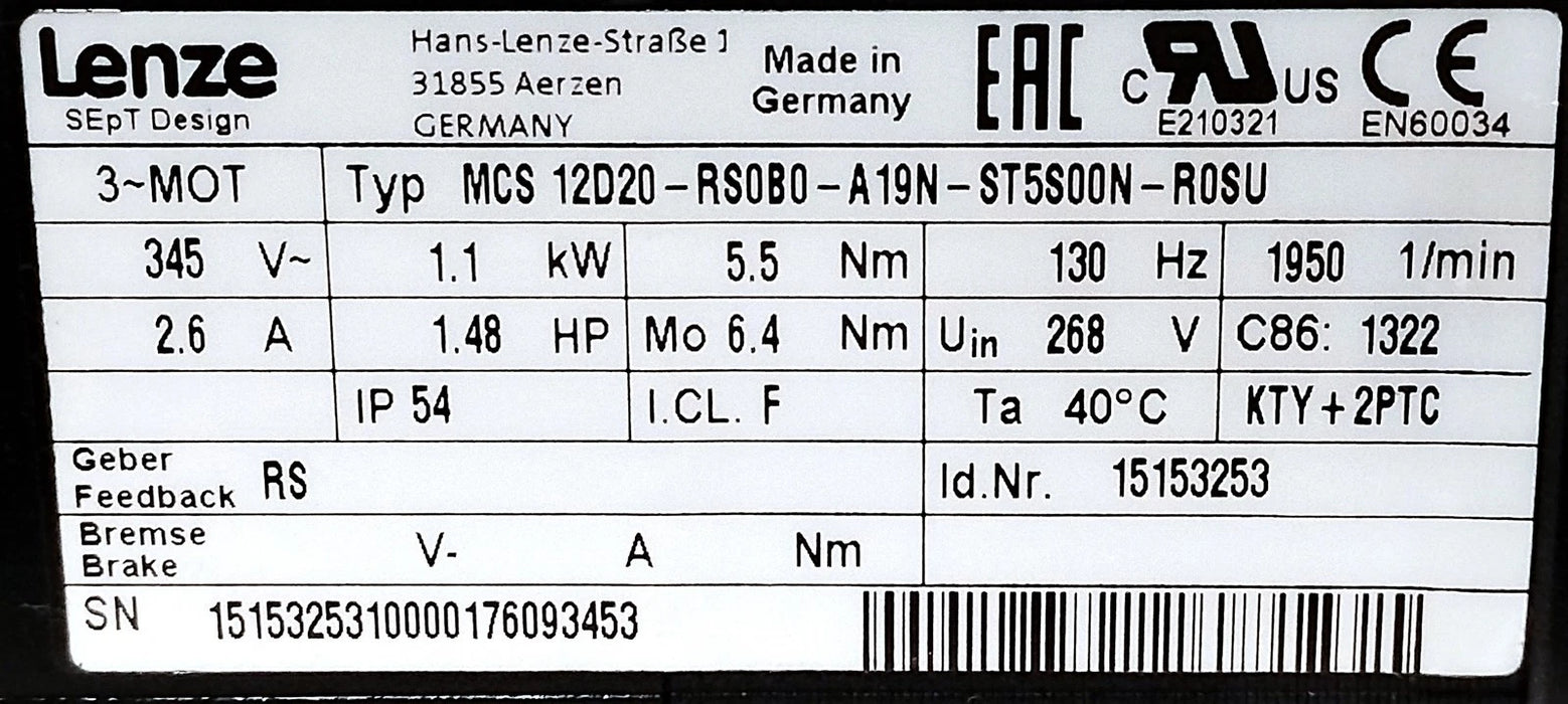 Lenze Americas MCS-12D20-RS0B0-A19N-ST5S00N-R0SU 345 V AC 2.6 A 1950 RPM Servo