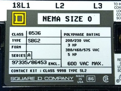 Square D 8536-SBG2V06 480/440 V AC NEMA Size 0 Magnetic Starter w/ B11.5 Heaters