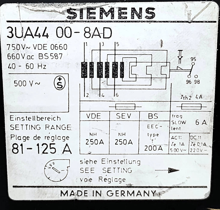 Siemens 3UA44-00-8AD 3NES 601 0001-040 600 V AC 81-125 A Thermal Overload Relay