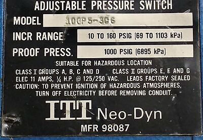 ITT Neo-Dyn 100P5-3C6 Adjustable Pressure Switch