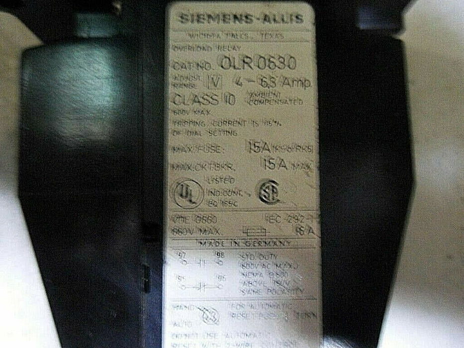 Siemens OLR0630CS2 Overload Relay 4-6V/3Amps Class 10