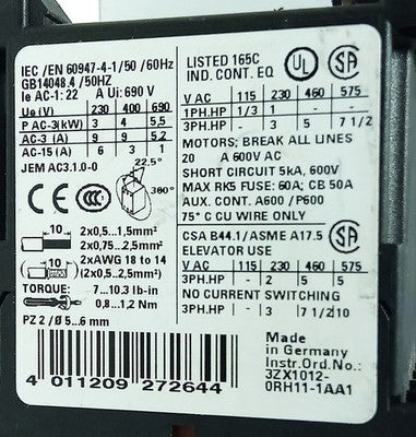 Siemens 3RT1016-1AB01 400 V AC 9 A Contactor w/ 24 V AC Coil