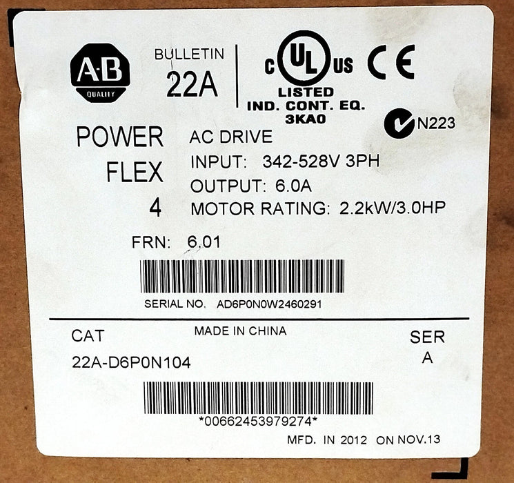 Allen-Bradley 22A-D6P0N104 342-528 V AC 6 A 3 hp 2.2 kW Variable Frequency Drive