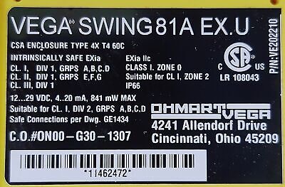 VEGA SWING81AEX0.ANAVXPZX SWING81A EX.U Z-65.11-154 Liquid Level Switch