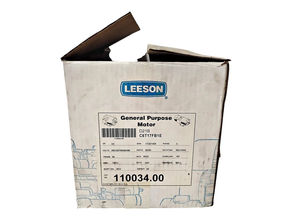 Leeson 110034.00 D21B C6T17FB1E 208-230/190/460/380 V 1725/1450 RPM 3/4 HP Motor