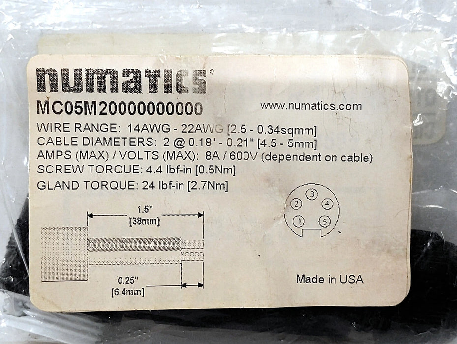 Numatics MC05M20000000000 600 V 8 A 5-Pin Female Circular Connector w/ Boot