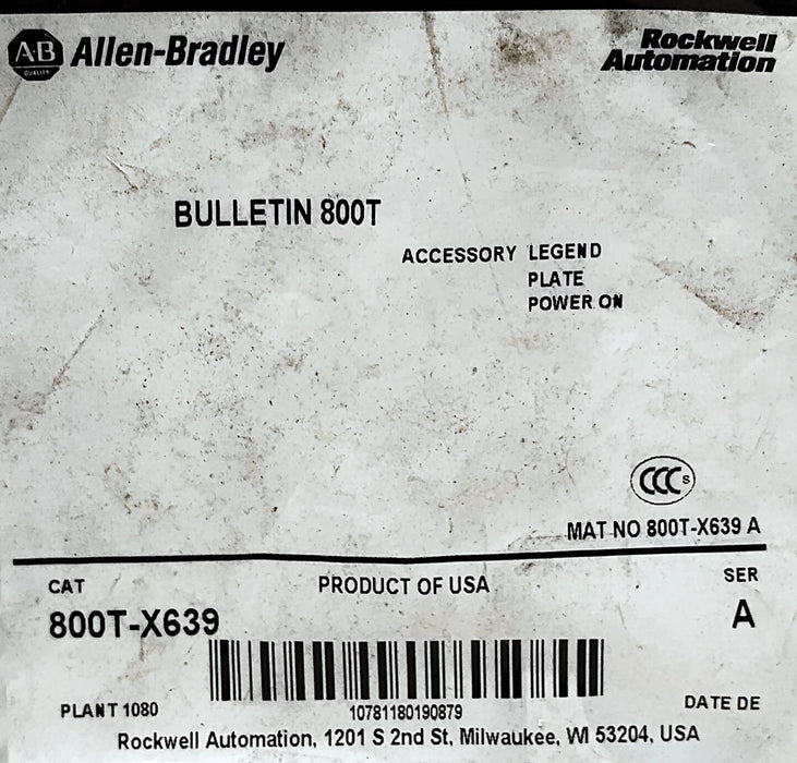 Allen-Bradley 800T-X639 POWER ON Aluminum Legend Plate for 30 mm Switches