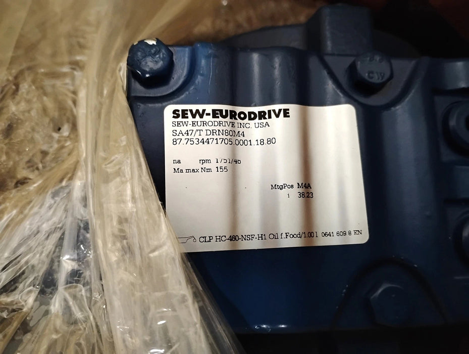 SEW Eurodrive SA47/T DRN80M4 230/460 V 1 HP 1751/46 RPM Gear Motor