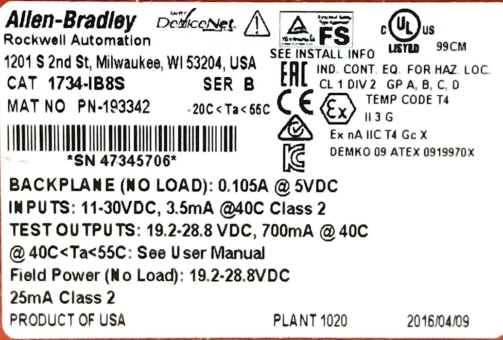 Allen-Bradley 1734-IB8S 24 V DC Digital Safety Input Module