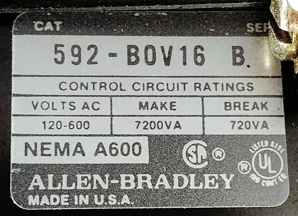 Allen-Bradley 592-BOV16 Ser B 600VAC 40 A NEMA A600 Overload Relay w/ W28 Heater
