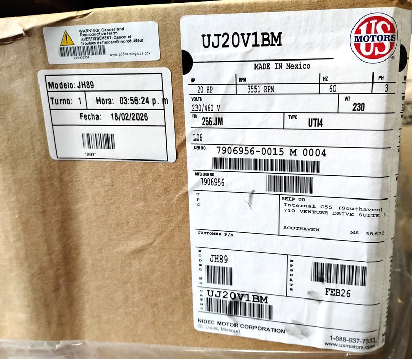 NIDEC US Motors UJ20V1BM 230/460 V 20 HP 3551 RPM 256JM TEFC Motor