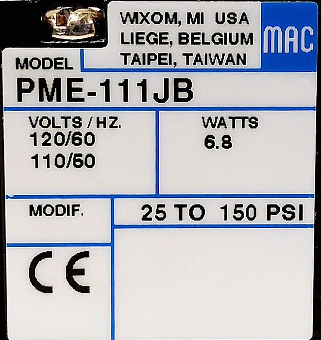 MAC Valves 811C-PM-111JB-152 VAC-150 psi Solenoid Valve w/ 110/120 V AC Coil