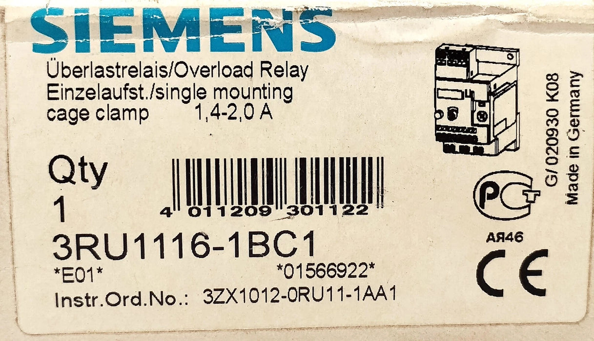 Siemens 3RU1116-1BC1 600 V AC 1.4-2.0 A Overload Protection Relay for Motors