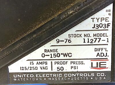 United Electric J303F 11277 125/250 V AC 15 A 0-150 WC 50 psi Pressure Switch