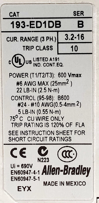 Allen-Bradley 193-ED1DB 600 V AC 3.2-16 A Overload Relay for C09-C23 Contactors