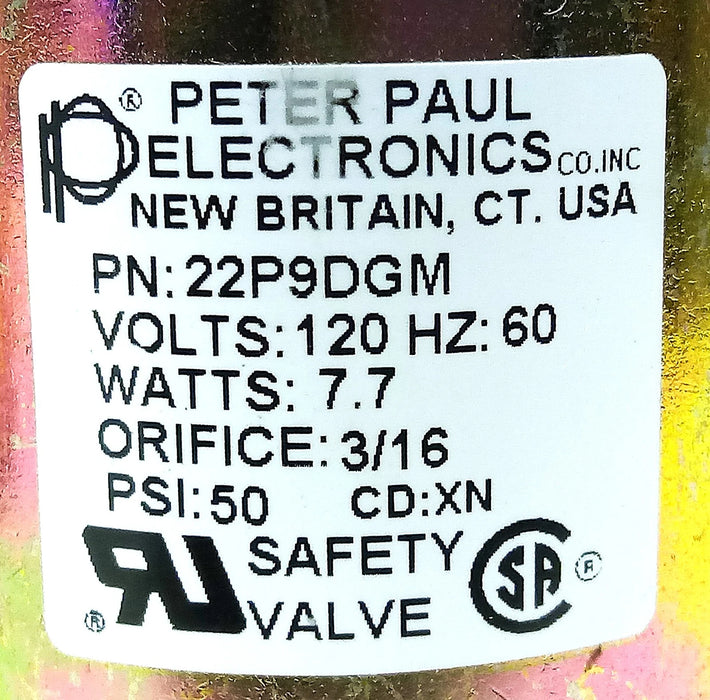 Peter Paul 22P9DGM 120 V AC 7.7 W 50 psi Safety Solenoid Valve w/ 3/16 Orifice