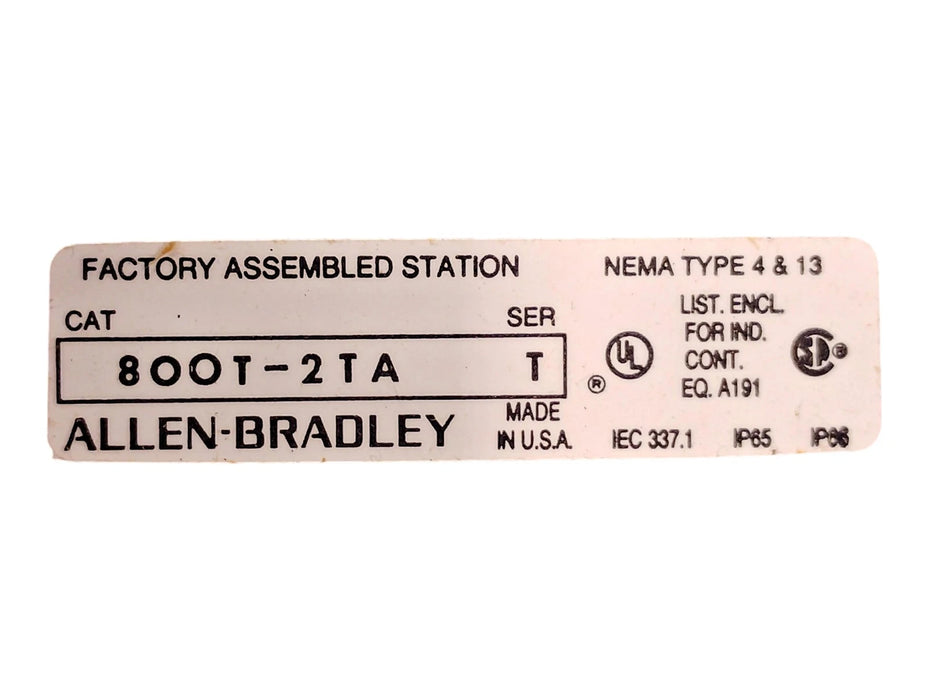 Allen-Bradley 800T-2TA Series T NEMA 4, 13 Push Button Station w/ 2 Spaces