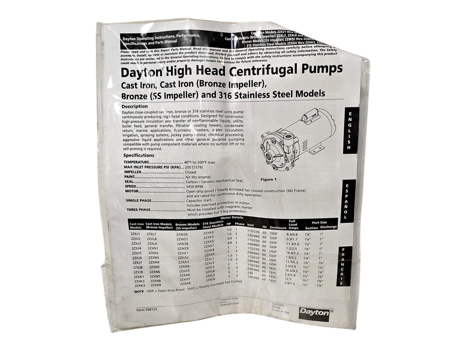 Dayton 2ZXK5 208-230/460 V 1/2 HP 3 PH 3450 RPM Stainless Steel Centrifugal Pump