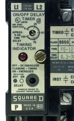 Square D 9050-FS-12 Ser C 120 V AC 0.3-30 Sec On/Off Delay Time Delay Relay