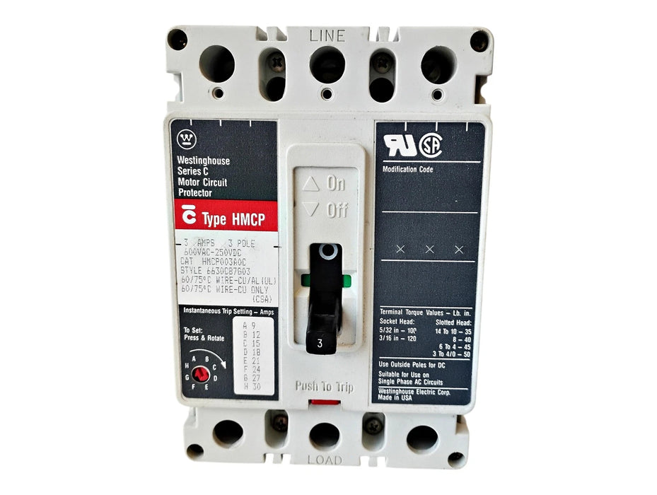 Westinghouse HMCP003A0C 600 V AC 250 V DC 3 A Circuit Breaker