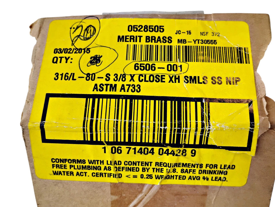 Merit Brass 6506-001 3/8" x CLOSE XH Sch 80 316 SS Seamless Pipe Nipple