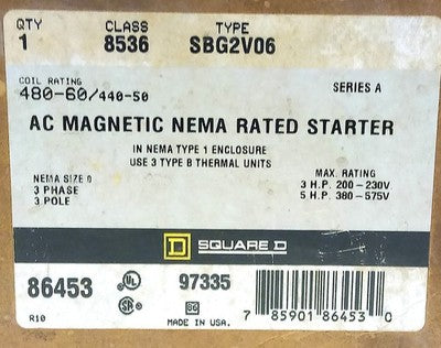 Square D 8536-SBG2V06 480/440 V AC NEMA Size 0 Magnetic Starter w/ B11.5 Heaters