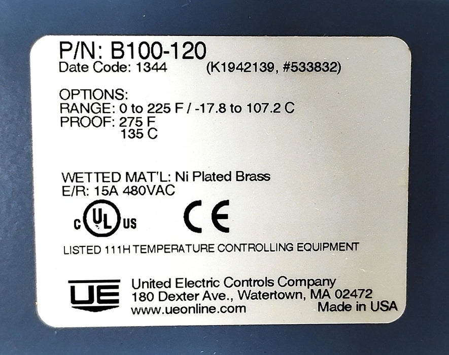 United Electric B100-120 480 V AC 15 A 0-255 Deg F Temperature Sensor