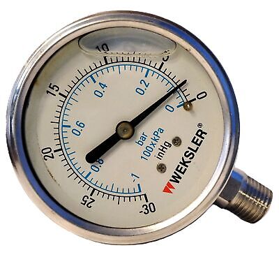 Weksler BY42YVC4LW 1/4" LC 30"/0" Vac 100-0 kPa Glycerine Filled Pressure Gauge