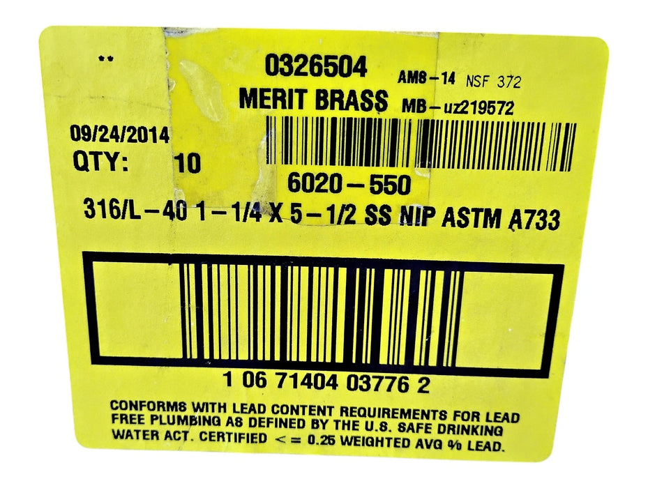 Merit Brass 6020-550 1-1/4" x 5-1/2" L MNPT 316 SS Welded Pipe Nipple