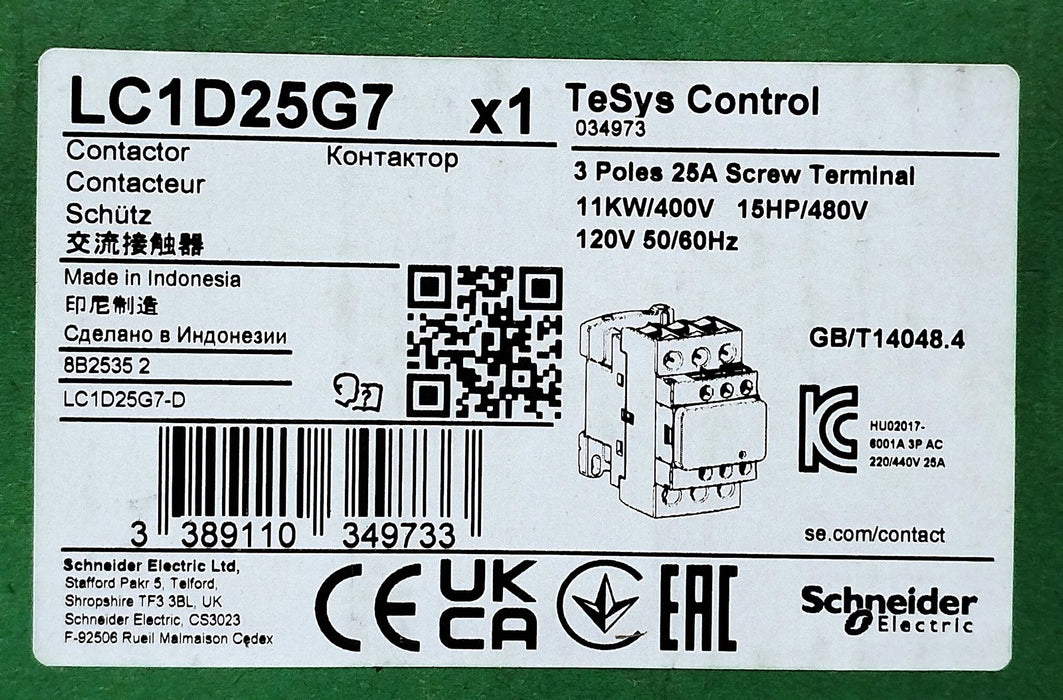 Schneider Electric LC1D25G7 600 VAC 25 A Non-Reversing Contactor w/ 120 VAC Coil
