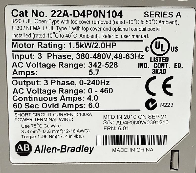 Allen-Bradley 22A-D4P0N104 Ser A 480 VAC 4 A 1.5 kW 2HP Variable Frequency Drive