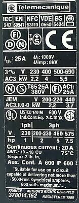 Telemecanique LC1D0910F7 600 V 9 A 7-1/2 hp IEC Contactor w/ 110/120 V Coil
