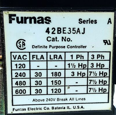 Furnas 42BE35AJ 600 V AC 30 A 3 Pole Definite Purpose Contactor w/ 24 V AC Coil