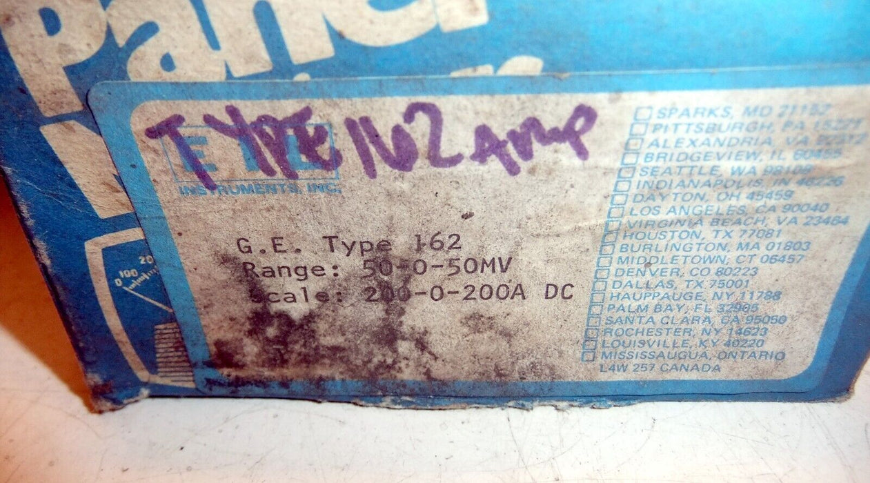 GE TYPE 162 D-C Amperes METER Range: 50-0-50MV Scale: 200-0-200 A DC