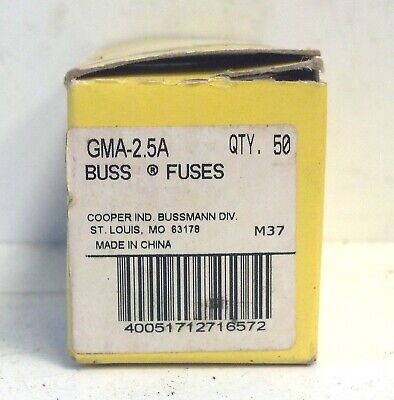 Bussmann GMA-2.5A 2.5 A 250 V Fast Acting Glass Fuse - Qty. 50