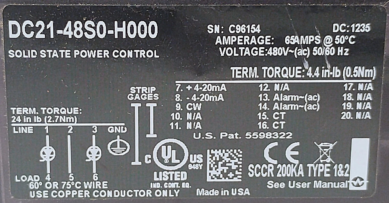Watlow DC21-48S0-H000 DIN-A-MITE C 480 V AC 65 A 3-Phase Power Controller