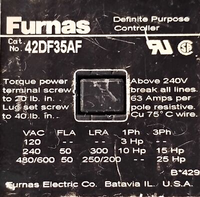 Furnas 42DF35AF 110/120 V AC 50 A Definite Purpose Contactor
