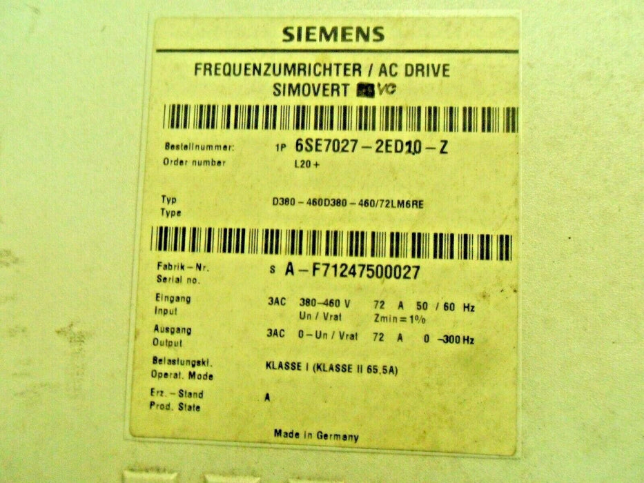 1 Siemens 6SE7027-2ED10-Z AC DRIVE