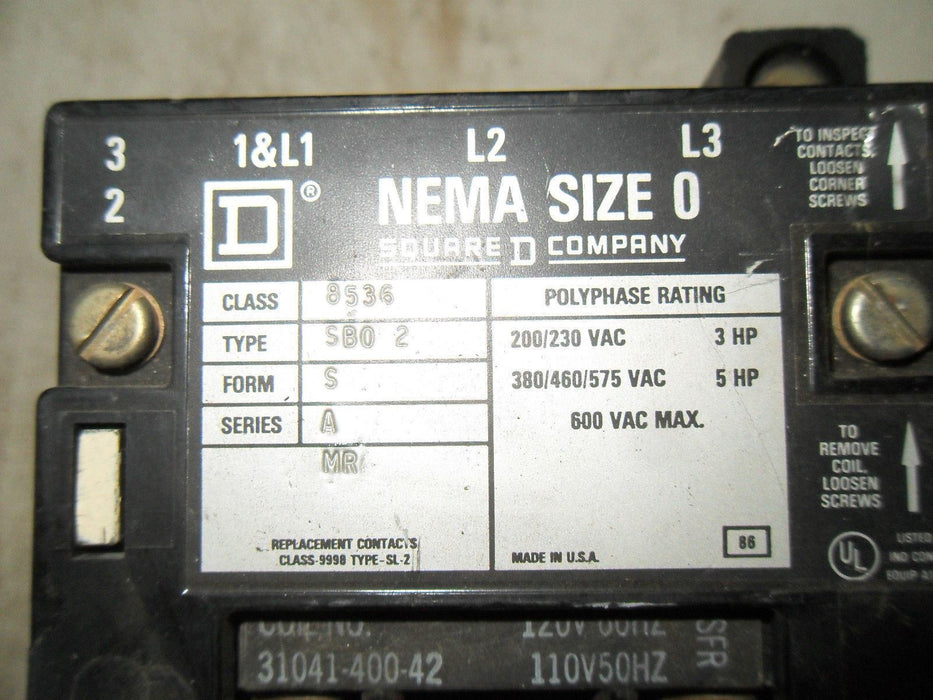 Square D 8536-SB02 Form S Ser a Size 0 Starter