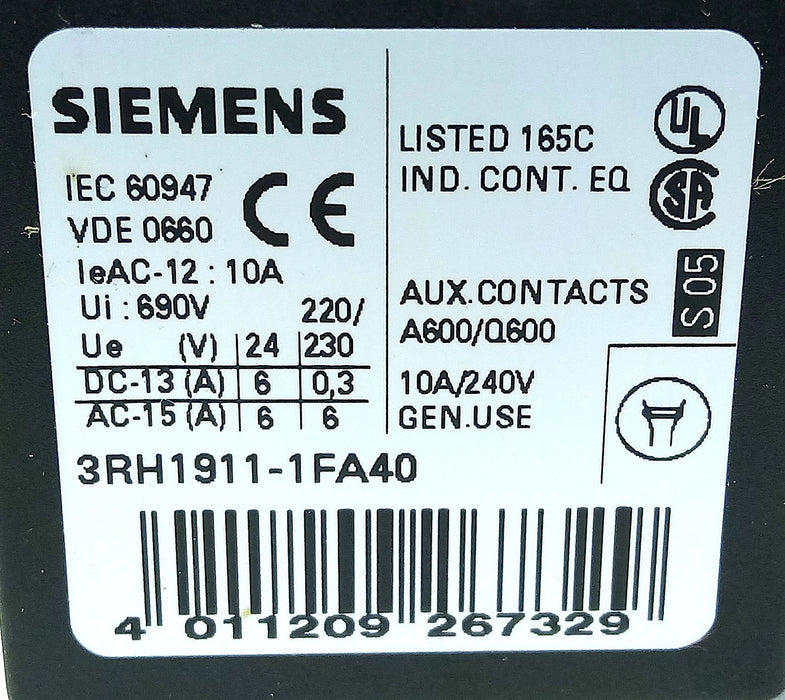 Siemens 3RH1911-1FA40 240 V AC 10 A Auxiliary Contact Block w/ 4 NO Contacts
