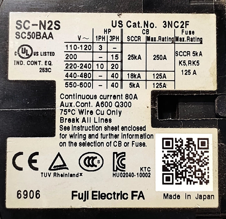 Fuji Electric SC-N2S SC50BAA 600 V AC 50 A Contactor w/ 100-110 V AC Coil