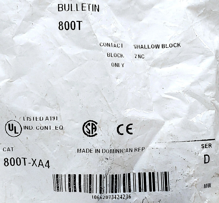 Allen-Bradley 800T-XA4 Series D 2 NC Shallow Contact Block for 30 mm Pushbuttons
