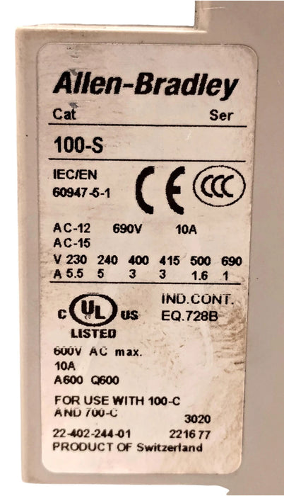 Allen-Bradley 100-C43D00 400 V AC 43 A Contactor w/ 110/120 V AC Coil and 100-S