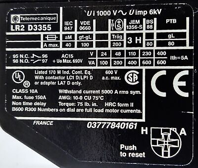 Telemecanique LR2-D3355 600V 30-40A 3-Phase Bimetallic Overload Protection Relay