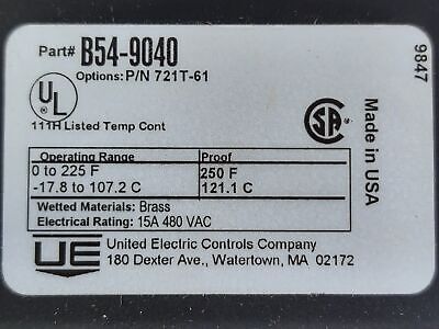 United Electric 721T-61 B54-9040 Thermostat