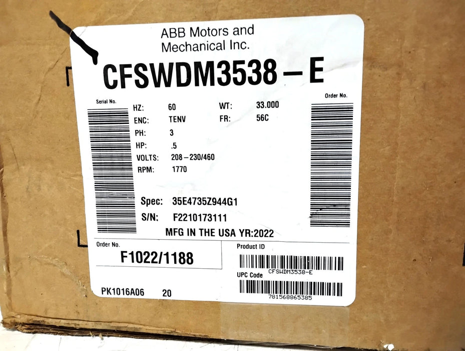 Baldor CFSWDM3538-E 230/460 V 0.5 HP 1770 RPM Food Safe SS Wash Down Motor