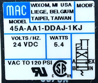 MAC Valves 45A-AA1-DDAJ-1KJ 24 V DC 5.4 W Vac-120 psi Solenoid Valve